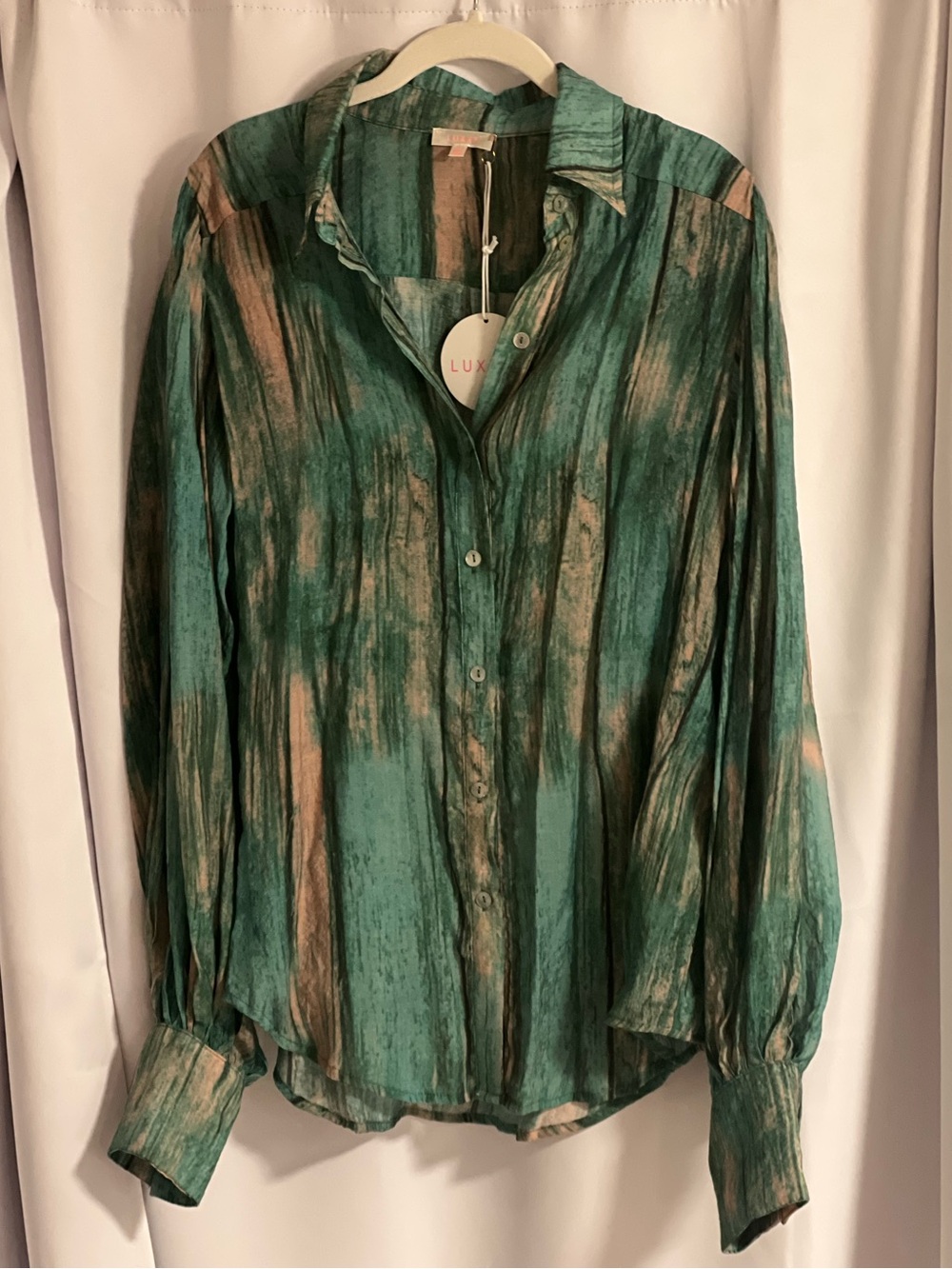 Luxxel Green Brushstroke Button-Down Blouse and Short Set